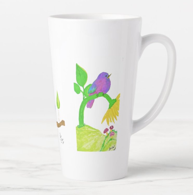 Back side of the latte mug featuring a purple bird perched on a whimsical green stem with a sunflower, mushrooms, and grassy hill painted below.
