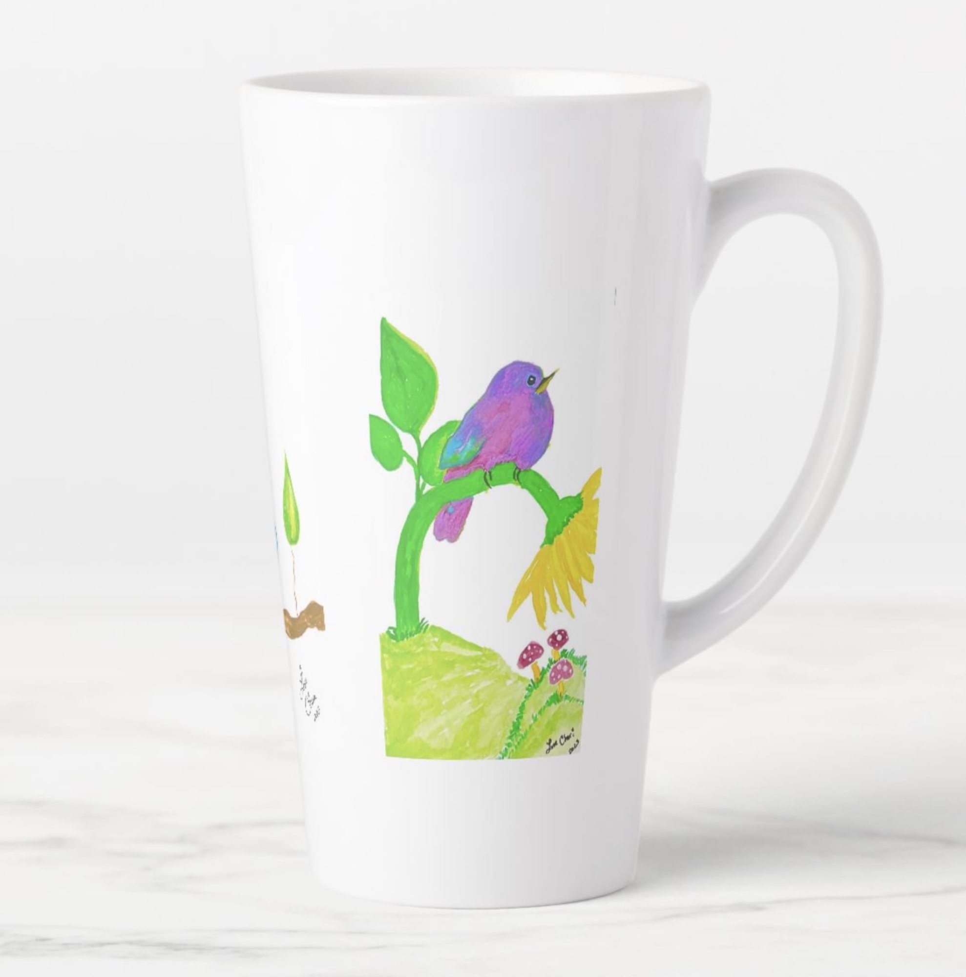 Back side of the latte mug featuring a purple bird perched on a whimsical green stem with a sunflower, mushrooms, and grassy hill painted below.