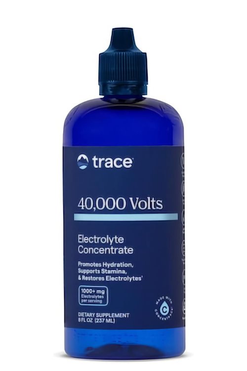 Blue bottle of Trace Minerals 40,000 Volts Electrolyte Concentrate, a dietary supplement that promotes hydration, supports stamina, and restores electrolytes.
