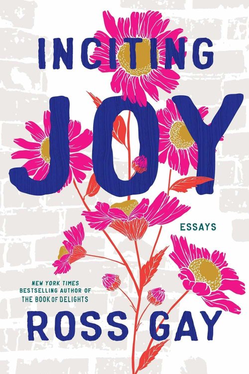Book cover of Inciting Joy by Ross Gay. The title appears in bold blue lettering over a background of hand-drawn magenta flowers with yellow centers and red stems, set against a light gray brick wall. Subtext reads “Essays” and notes Gay as the New York Times bestselling author of The Book of Delights.