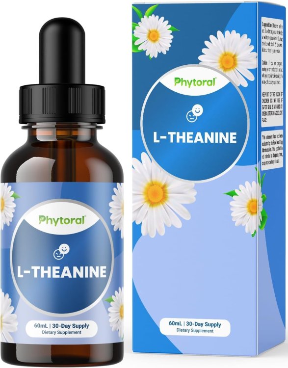 Phytoral L-Theanine dietary supplement in a brown dropper bottle alongside its blue retail box decorated with white chamomile flowers; labeled as a 60 mL, 30-day supply.