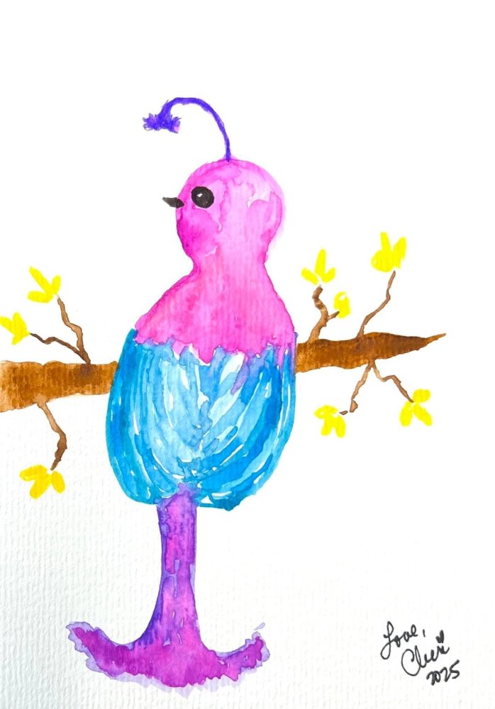 Watercolor painting of a whimsical bird with a bright pink head and torso, light blue feathered belly, and long purple tail perched on a brown tree branch with small yellow flowers. A single purple feather curls from the top of its head. Signed “Love, Cheri 2025” in the bottom right corner.