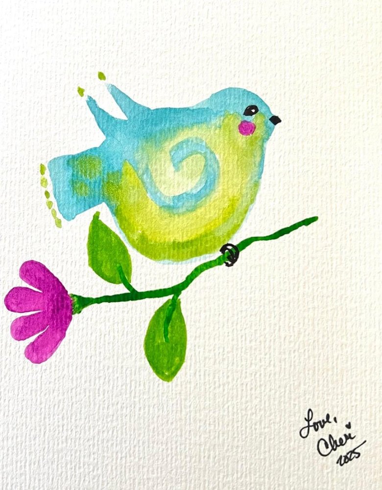 Watercolor painting of a cheerful blue and green bird with a spiral pattern on its body, perched on a leafy green branch with a bright pink flower. The bird has a sweet expression with rosy cheeks and is signed “Love, Cheri 2025.”