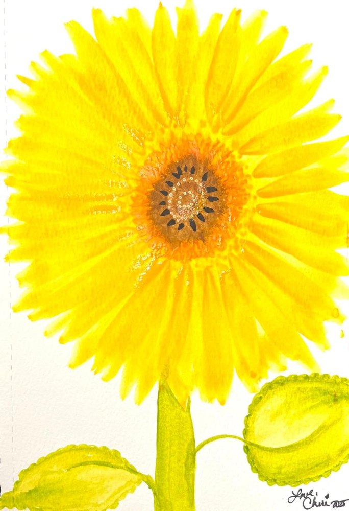 Close-up watercolor painting of a vibrant yellow sunflower in full bloom, with a detailed brown and black center surrounded by layers of radiating golden petals, accompanied by two textured green leaves. Artwork by Cheri Caddick.