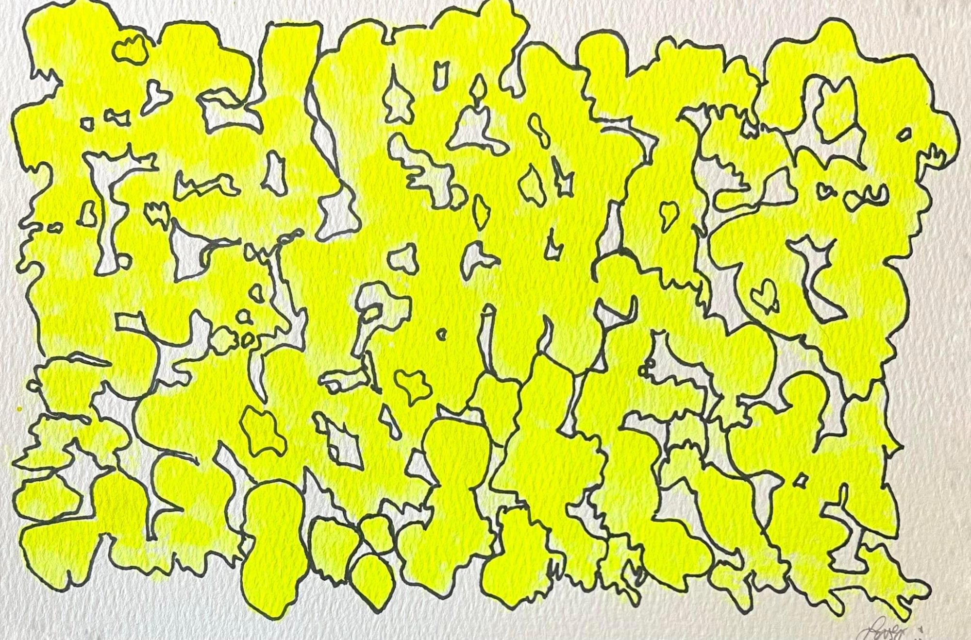 Bright yellow abstract watercolor with organic shapes outlined in dark lines, creating a glowing, almost sunlit effect.